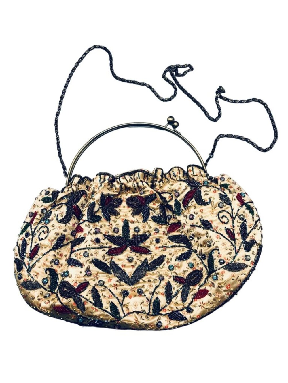 handbag gold floral beaded embellished clasp closer chain strap 2 pockets READ